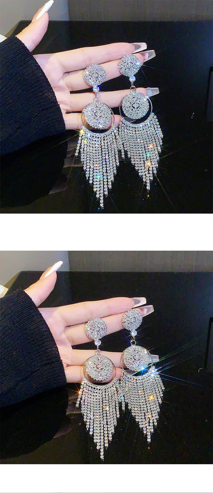 Retro full diamond long tassel earrings for women in Europe and America, exaggerated temperament, earrings, high-end feeling, light luxury earrings_voghion.com