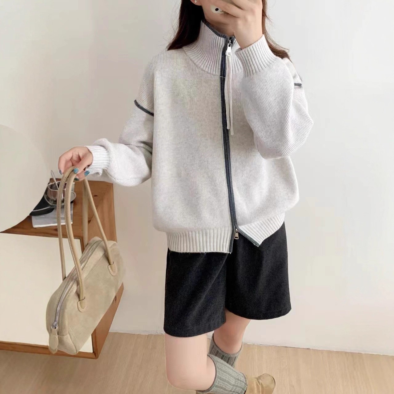 韩系简约双拉链立领针织开衫女秋冬新款慵懒风宽松显瘦毛衣外套潮