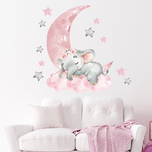 BR93094 Pink Moon Stars Sleeping Elephant Wall Sticker New Cartoon Children's Room Wall Decoration Sticker