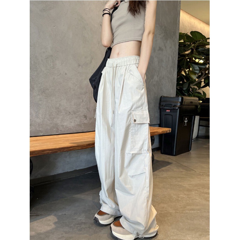 American-Style Cargo Pants for Women, Summer Thin Petite Pink Jogger Pants, High-Waisted Casual Straight-Leg Multi-Pocket Pants
