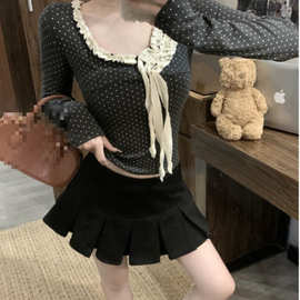 新款花边拼接波点长袖T恤女秋季2025新款修身显瘦短款设计感上衣