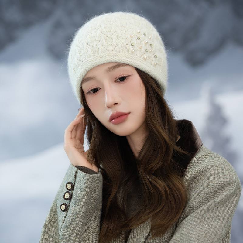 欧美格纹珍珠点钻兔毛套头帽秋冬复古百搭毛线帽户外防寒保暖帽新|undefined
