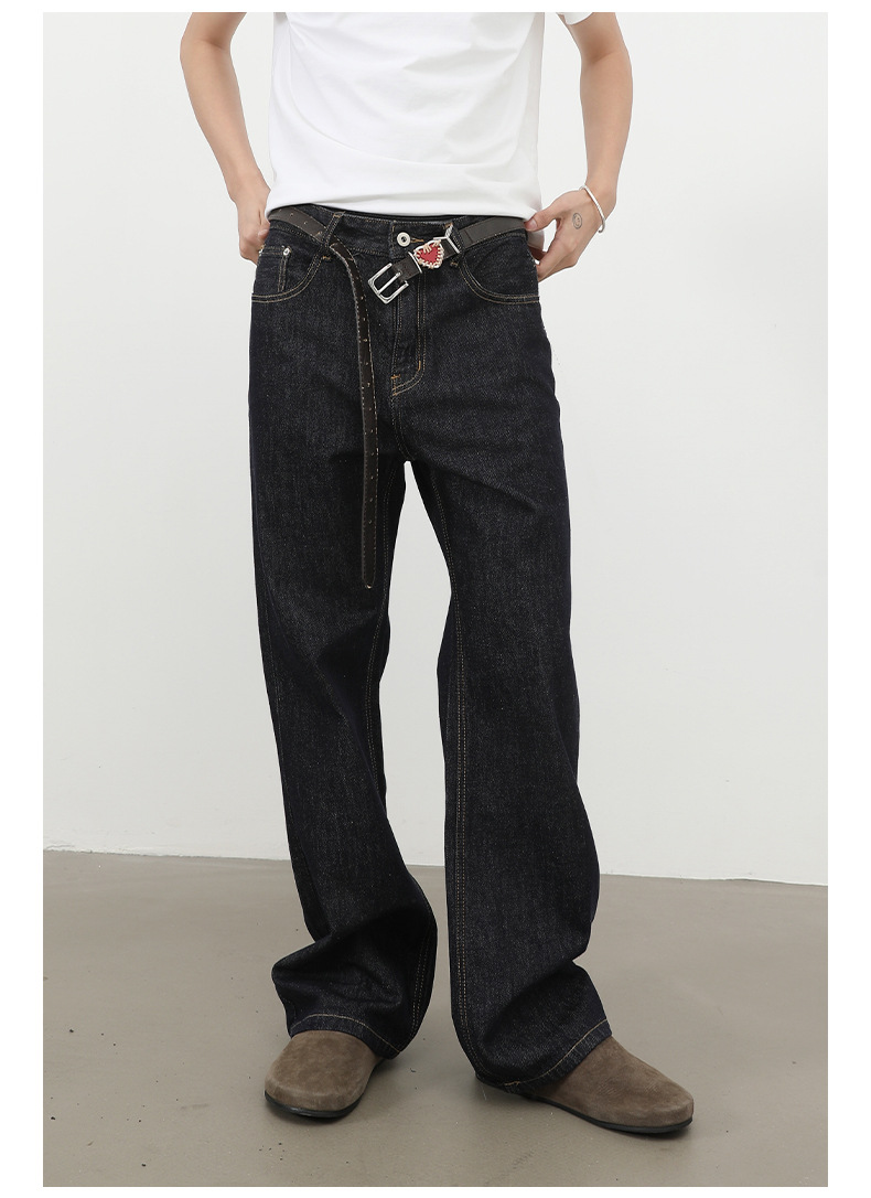 Nirben Denim High Volume Colorfast Raw Denim Jeans For Men Slightly Flared Loose Fit Black Blue_viptrois.com