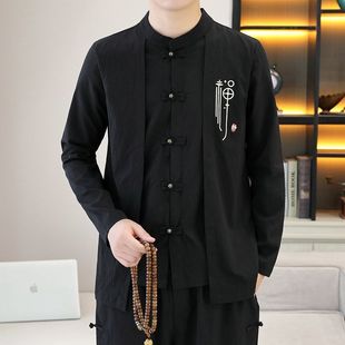 Chinese-Style Long-Sleeve Suit with Button-Down Design, New Chinese Cotton and Linen Stand-Collar Ethnic Shirt for Men, Two-Piece Set