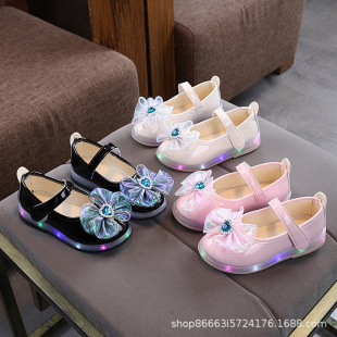 Girls' Princess Shoes 2025 Spring New Flash Luminous Bow Rhinestone Girls' Square Mouth Leather Shoes Korean Style Shoes