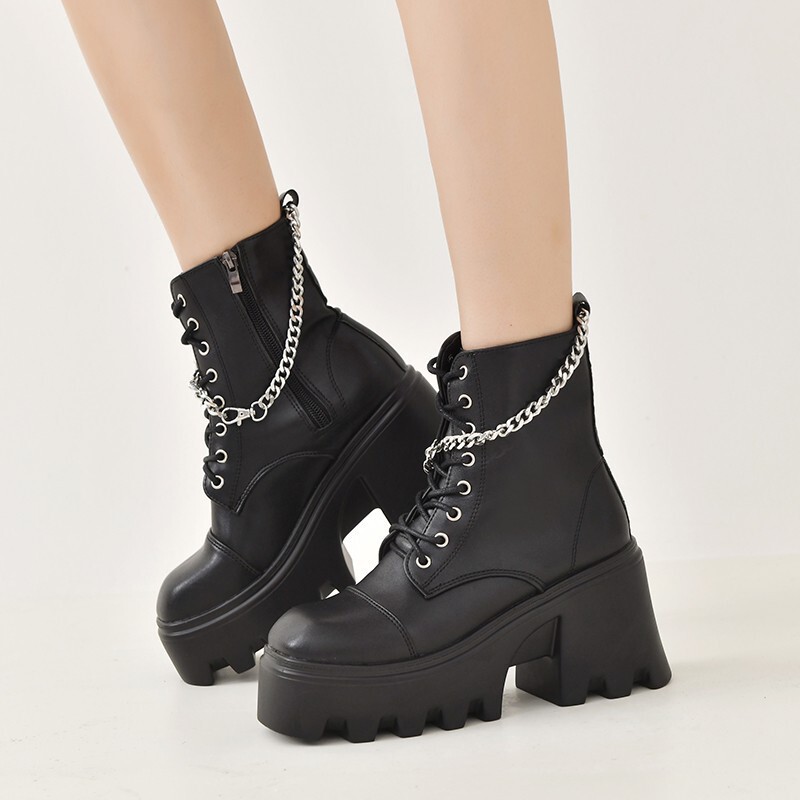 Winter Foreign Trade Large Size Patent Leather Gothic Black Boots Women's High Heels Sexy Chain Thick Heel Platform Boots Punk Style Ankle Boots