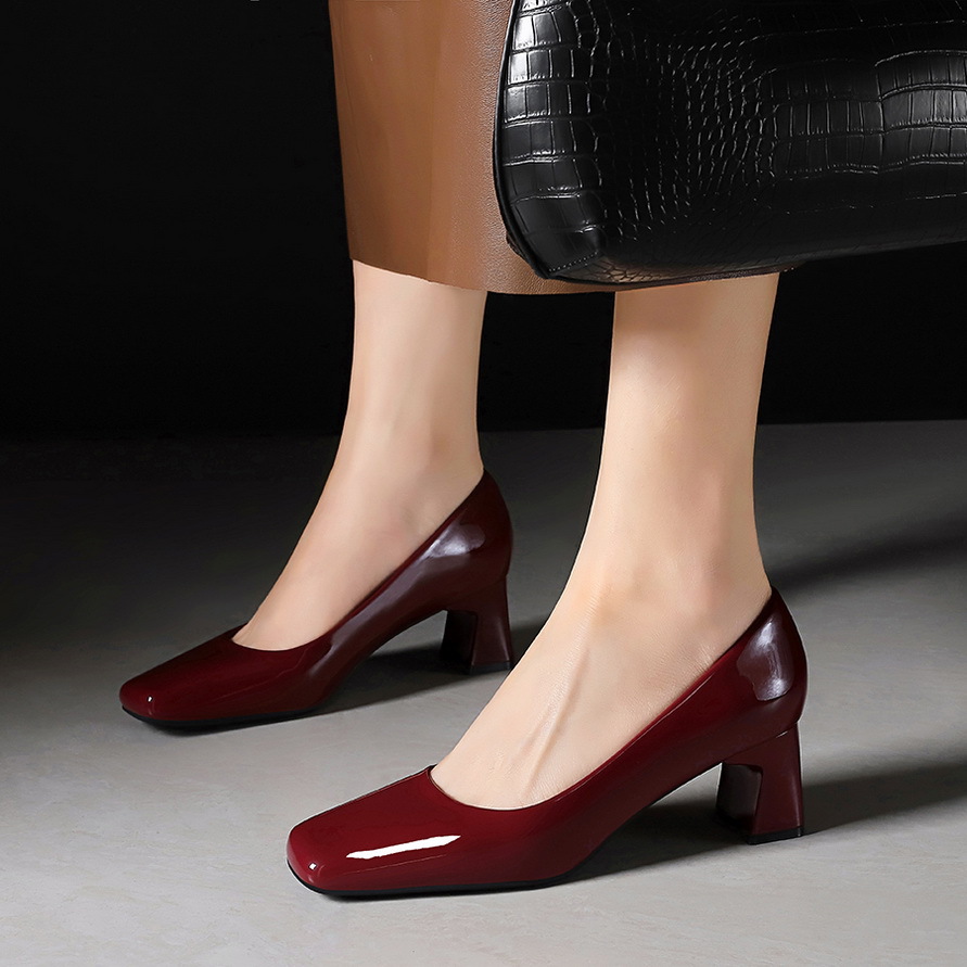 3911 Korean Style Retro Square Toe Red High Heel Shoes Women's Shoes Patent Leather Thick Heel Elegant Single-layer Shoes Professional Working Shoes