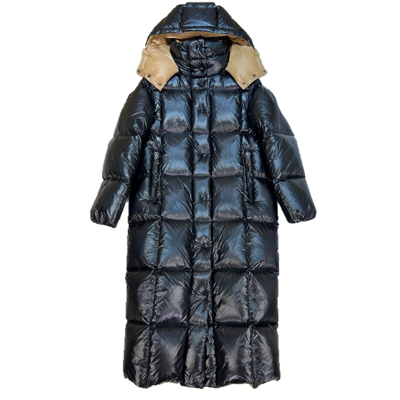 Women's black and gold long down coat with detachable hood, winter over-the-knee puffer coat, made in Putian factory