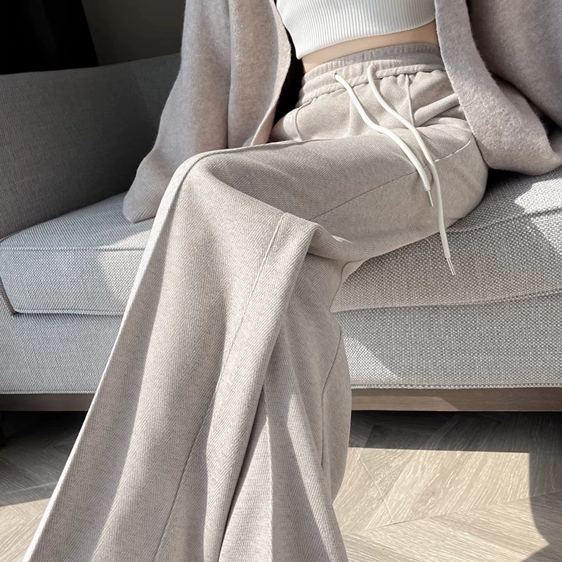 Узкая версия широкие брюки женские осень-зима 2024 с высокой талией темно-серый шерстяной шевриз модные дикие прямые брюки