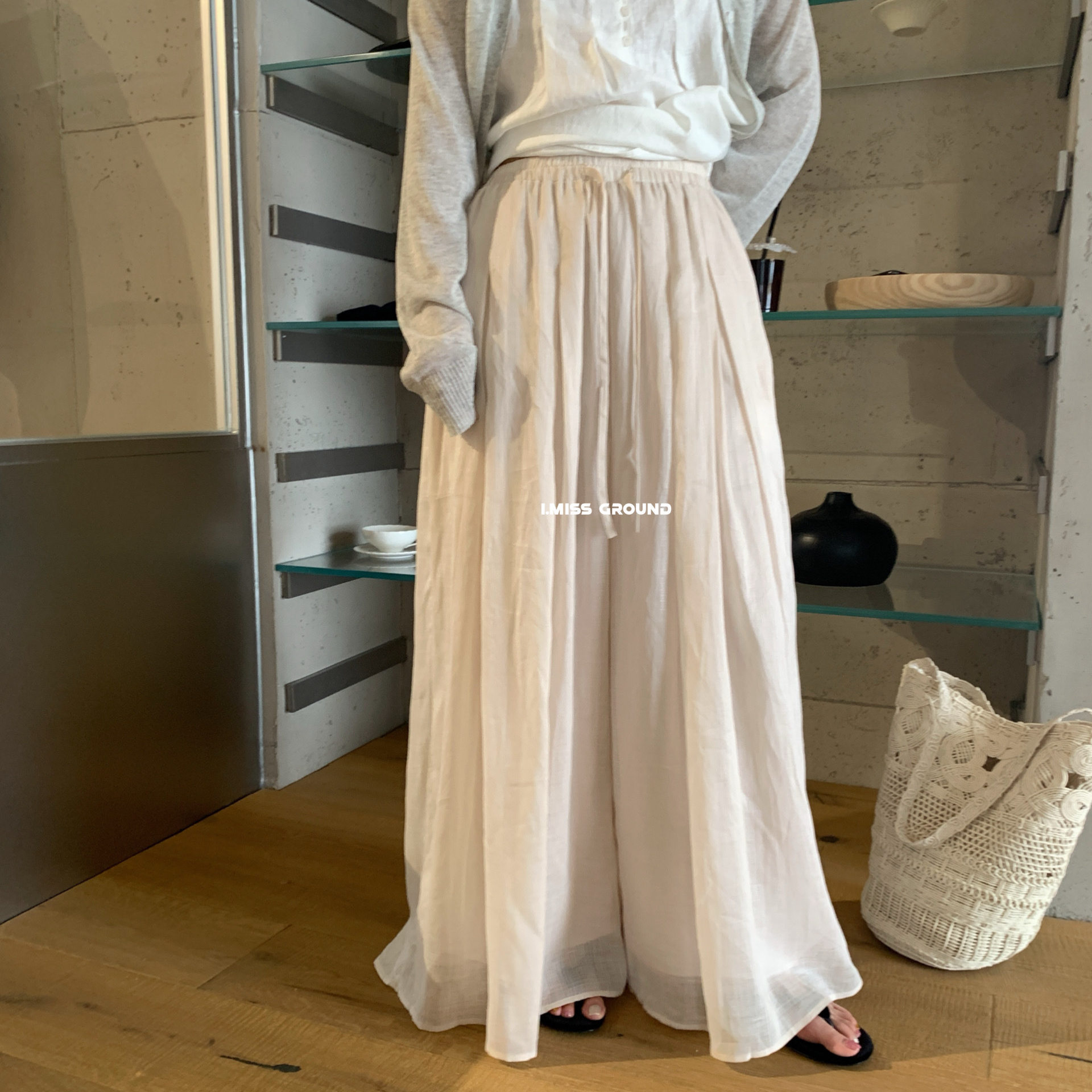 Quần culottes ống rộng chất liệu ramie mát mẻ, cạp chun, phong cách nghỉ dưỡng — màu hồng, Màu xanh sữa, màu mơ
