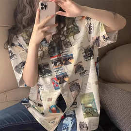 美式休闲个性痞酷风短袖衬衫女港风独特海报印花设计感衬衣chic夏