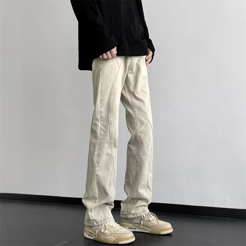 Pantalones retro estadounidenses, jeans teñidos de barro amarillo lavados en la calle, jeans rectos delgados y delgados para hombres