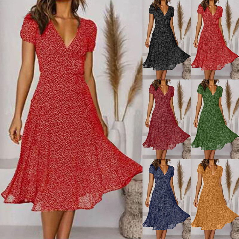 2023 spring and summer cross-border women's clothing eaby Amazon explosion short sleeve V-neck sexy floral print dress