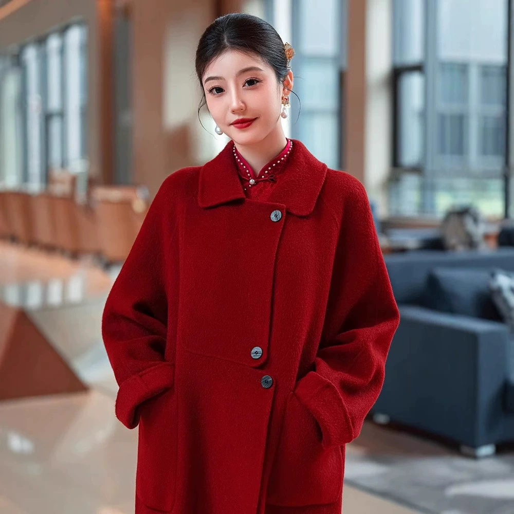 Осеннее и зимнее новое красное двухстороннее шерстяное пальто