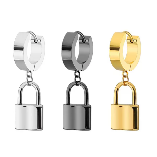 Fashionable Key Lock Pendant Titanium Steel Unisex Personality Ear Clip Earrings Foreign Trade Cross-Border Earrings Stainless Steel Matte Circle