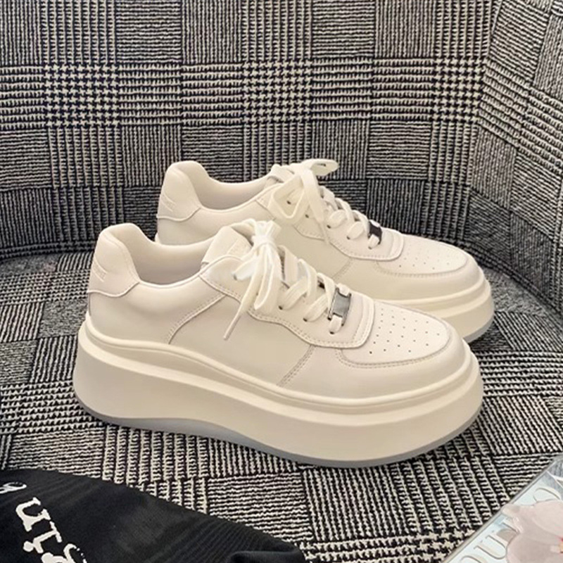 Sheii Su Yinyin~Genuine Leather Round-Toe White Shoes for Women 2025 Spring and Summer Women's Shoes Sports Thick-Soled Sneakers Thick-Soled Trbottomy