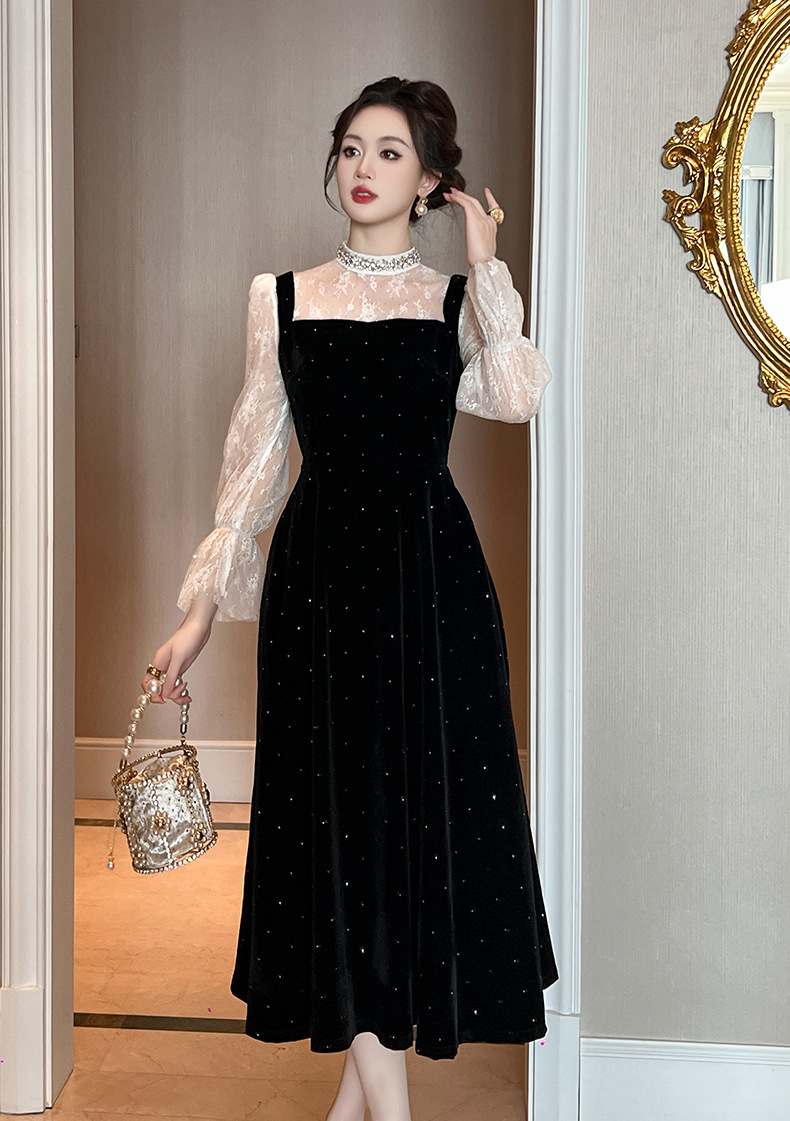 Đầm nhung đính kim cương cổ tròn eo thả dáng giả hai lớp — đen chi tiết 15