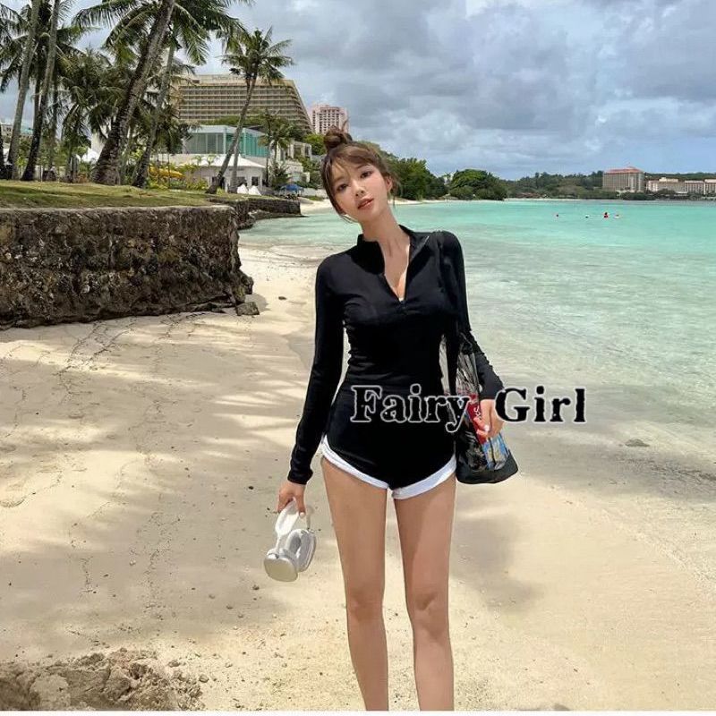 New Long-sleeved Sunscreen Split Conservative High Waist boxer black and white slimming meat-covered swimsuit women's surfing suit