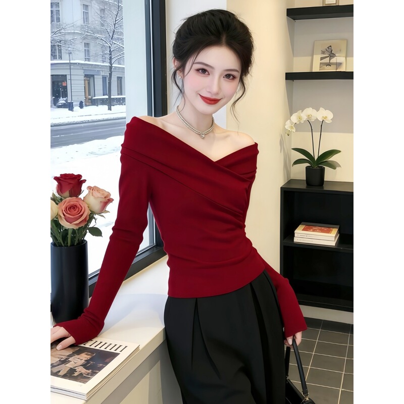Elegant Women's Waist-Cinching Off-Shoulder T-Shirt, Stunning Top, 2026 New Style, Red Christmas and New Year Outfit, Base Shirt Elegant Women's Waist-Cinching Off-Shoulder T-Shirt, Stunning Top, 2026 New Style, Red Christmas and New Year Outfit, Base Shirt
