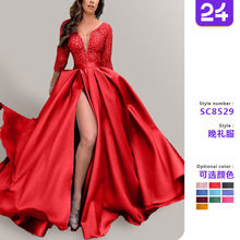 2025春夏欧美外贸女装独立站蕾丝亮片大摆性感长裙拖尾宴会晚礼服