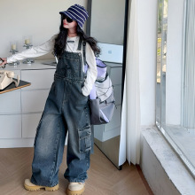 女童牛仔背带裤2025春秋新款中大童宽松连体裤潮范工装阔腿裤外贸