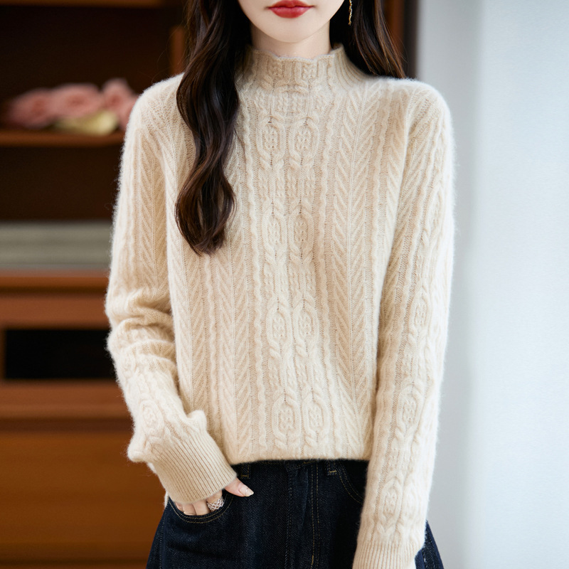 新款秋冬100羊毛女半高领套头毛衣针织衫洋气外穿打底一件代发|undefined