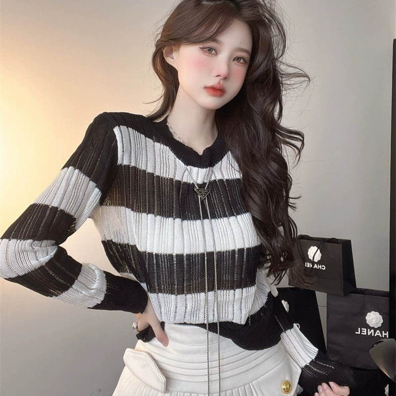 Французский свитер из ледяного шелка, полая футболка с длинными рукавами, женская летняя тонкая дизайнерская свободная футболка для похудения, модная оптовая продажа