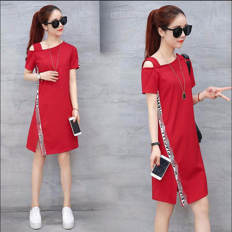 2024 Korean Style New Leakage Shoulder Dress Summer Dress Fashion Casual Sports Dress Wholesale Mid-length Dress Women's Clothing