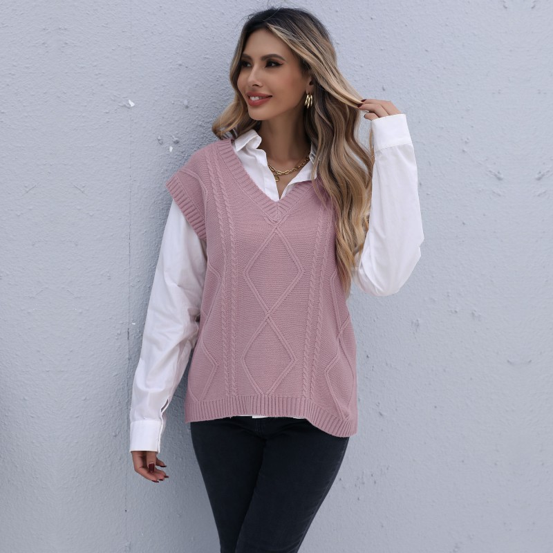 Gilet tricoté sans manches torsadé de couleur unie pour femme, mode début d'automne_voghion.com