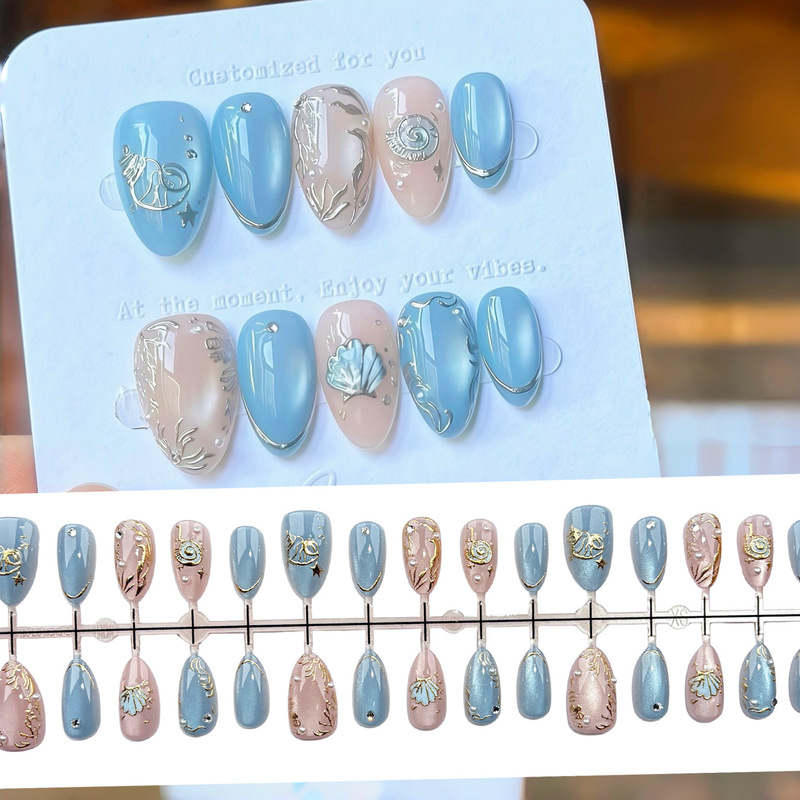 Gentle Gray-Blue Glass Bead Cat-Eye Wearable Nails, Ultra-Short Almond-Shaped Gold-Plated European and American Nail Stickers, Cross-Border Foreign Trade