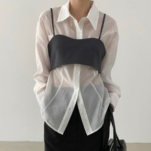 韩国女装东大门高货夏季时尚微透单排扣衬衫+波浪造型抹胸吊带