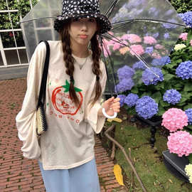 【工厂现货】雪花棉彩点番茄小猫咪长袖T夏薄款宽松慵懒防晒上衣