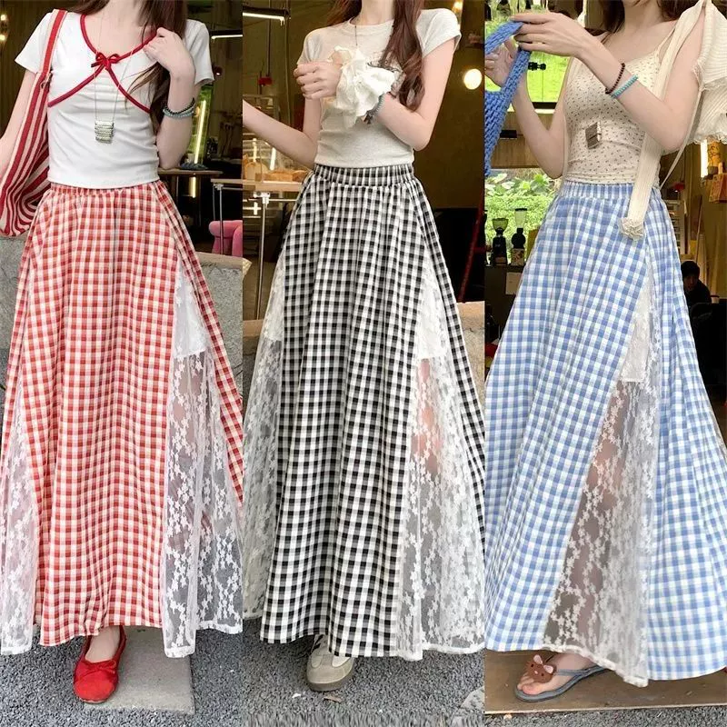 Дизайнерская клетчатая юбка с кружевными вставками размера плюс, длинная юбка трапециевидной формы с высокой талией, утягивающая фигуру