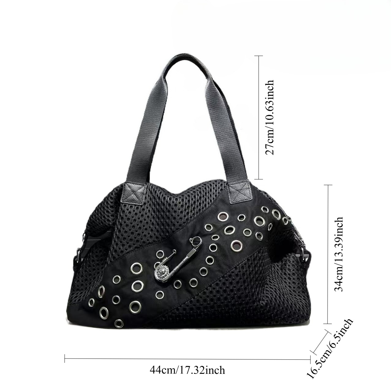 Women's Fashion Personalized Mesh Handbag With Large Safety Pin Rivet Ring Shoulder Bag 2025 Spring And Summer New Niche Design Casual_voghion.com