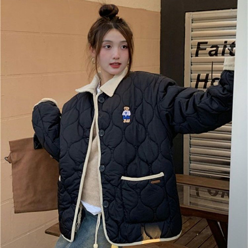 Small Bear Embroidery Polo Collar Check Cotton Coat Cotton Outwear Women Winter Design Sense Loose Fleece Thick Cotton Padded Jacket