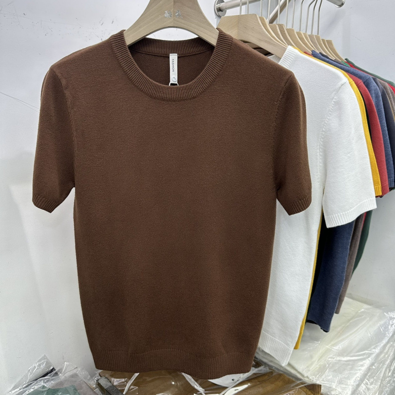 Camiseta de hombre de manga corta de punto de verano Camiseta de solapa de trabajo de color sólido delgado de estilo coreano Camiseta elástica delgada de moda al por mayor