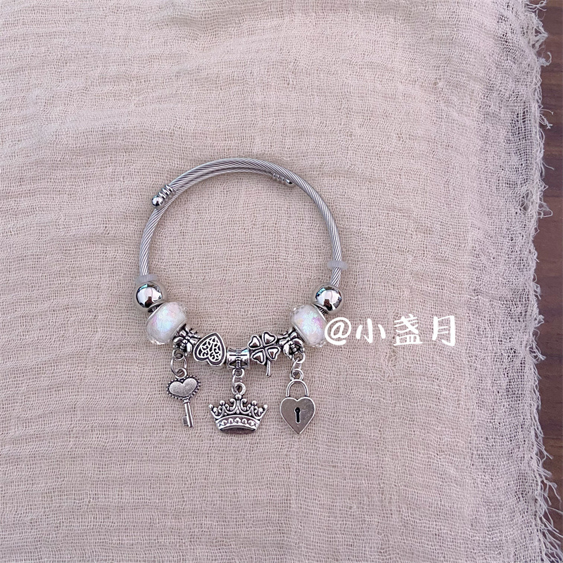 Pulsera de Acero Inoxidable Panjia Dora con Corazón y Oso, Pulsera Abierta con Cuentas para DIY, Joyería de Estilo Fresco, Éxito de Ventas en Amazon