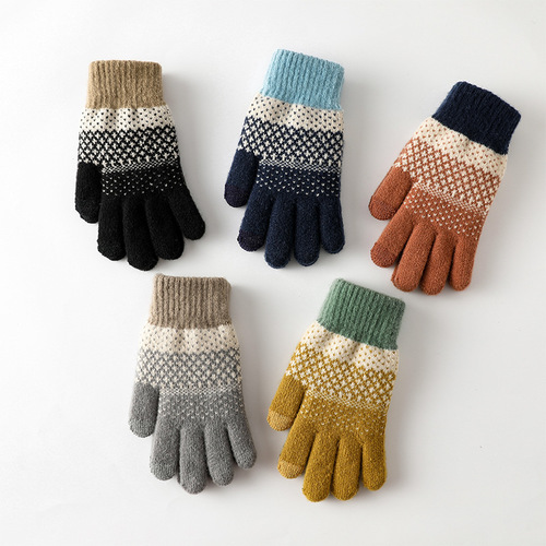 Knitted gloves for men and women, velvet, thickened, cold-proof touch screen, split-finger jacquard warm outdoor cycling gloves