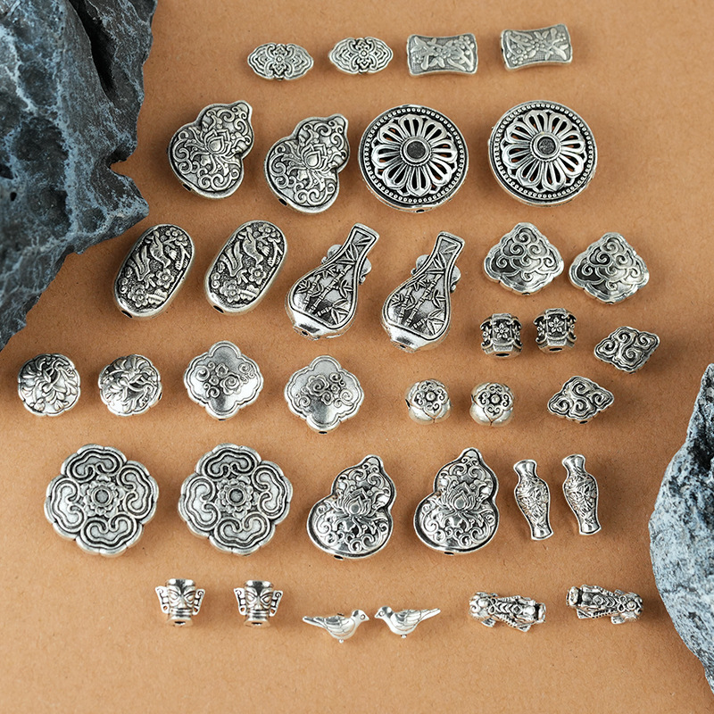 Imitation Xizang Silver, New Chinese Style Ancient Silver Spacer Beads, Pure Silver Hollow Ethnic Style Pixiu DIY Crystal Bracelet Accessories