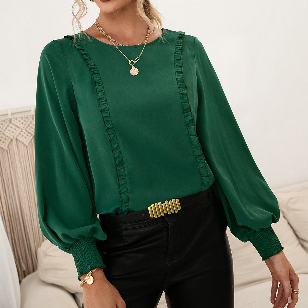 solid color stitching edge long-sleeved round neck pullover top NSYBL136704