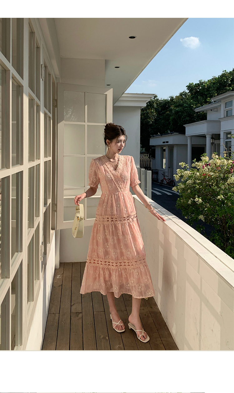 Đầm maxi nữ tay bồng ren hoa V cut-out phong cách Pháp cung đình — xanh lam, màu hồng, màu mơ chi tiết 46