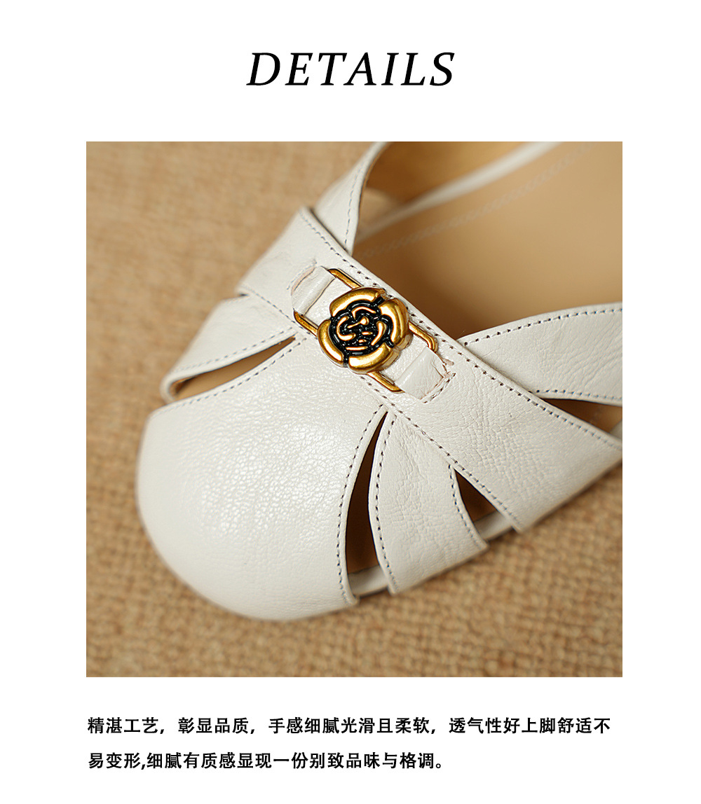 Sandal nữ bít mũi da cừu quai ngang hoa trà đế thấp — Màu đen chi tiết 18