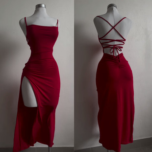 2024 European and American Sexy Women's Clothing Slim Sleeveless Suspender Back Strap Backless Slit Dress Long Skirt