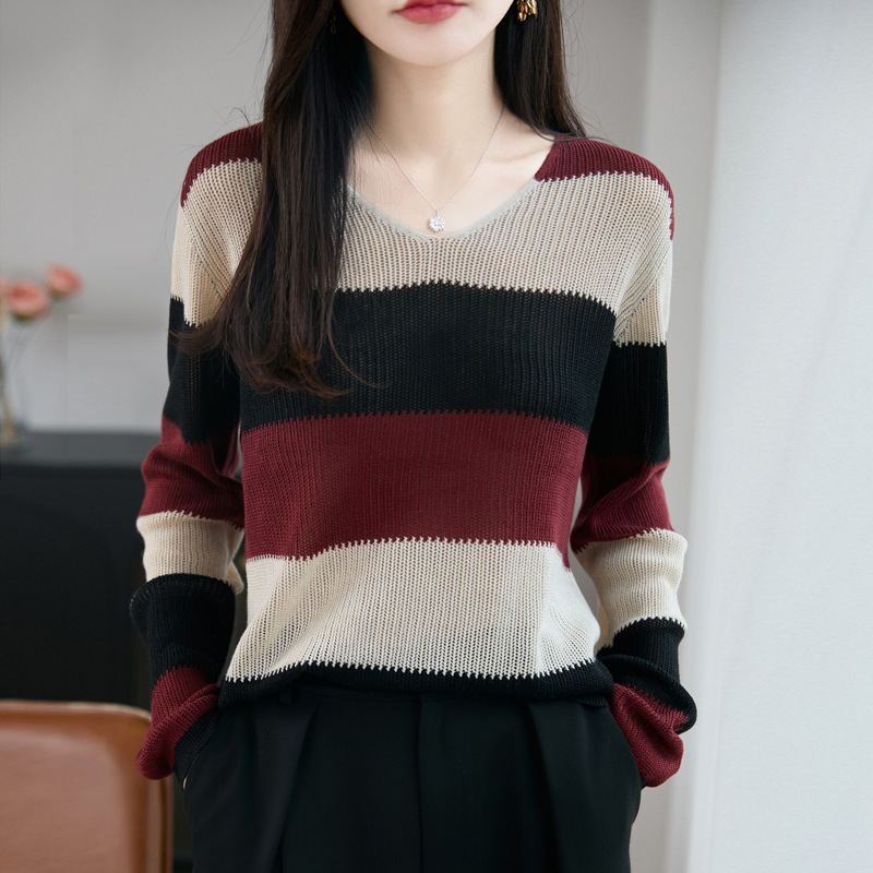 精纺羊毛2025秋冬新女式宽松V领拼色宽条套头内搭上衣打底针织衫|undefined