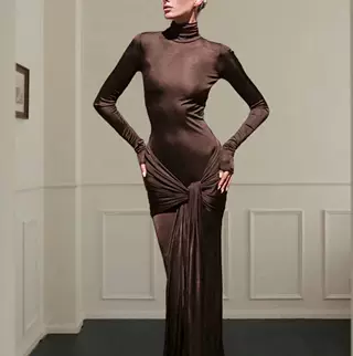 High Collar Solid Color European And American High-end Lace-up Design Dress - Brown - View 1