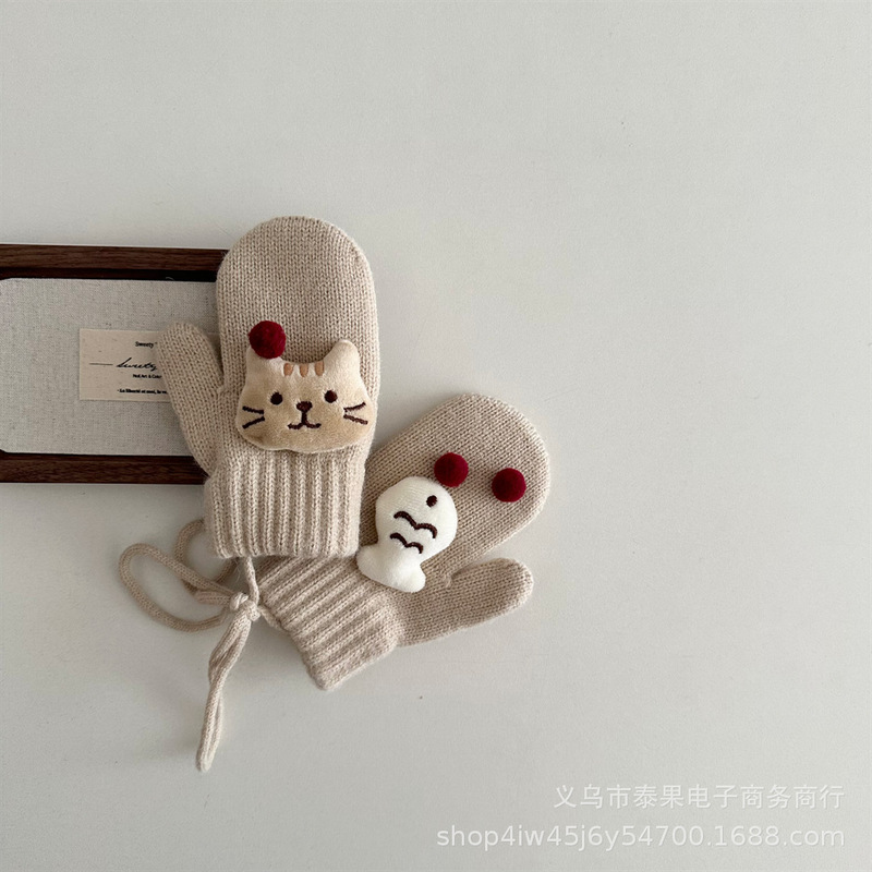 韩版宝宝卡通玩偶新款纯色包头连指手套冬季保暖幼童挂脖针织手套|undefined