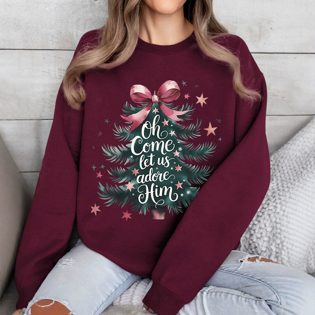 (2개) 겨울 아마존 오 와서 그를 좋아하자 크리스마스 트리 축제 인쇄 둥근 목 양털 스웨터