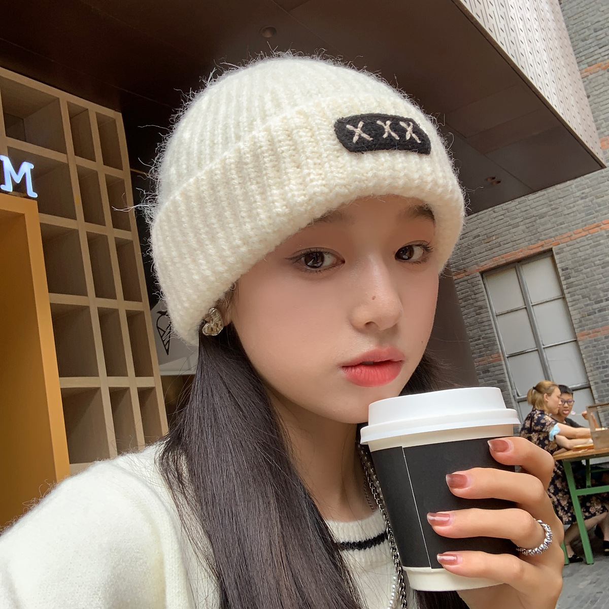 Round face slimming versatile cashmere fashion knit hat for girls autumn winter warm knitting yarn hat ear protector Korean style