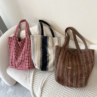2024 Autumn and Winter New Double-sided Wool Tote Bag Lazy Ins Shoulder Bag Large Capacity Shopping Bag