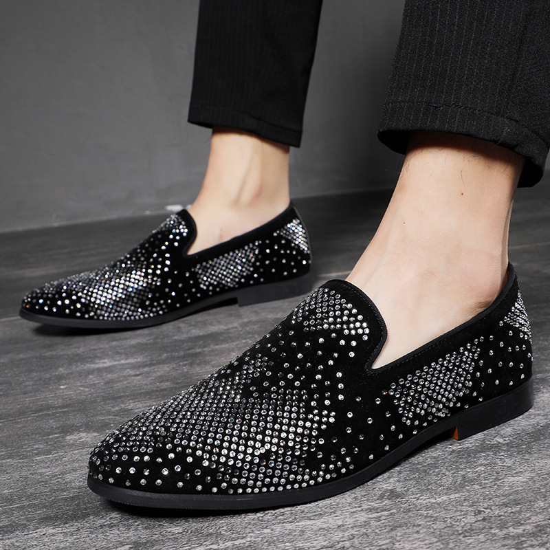 Men's Small Leather Shoes Tide Loafers Rhinestone Pointed Toe Leather Shoes_vogvips.com